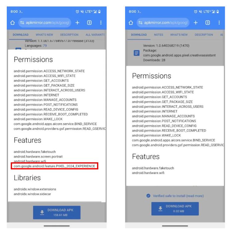 Screenshots highlighting the Pixel Studio app's old and new feature flag list.