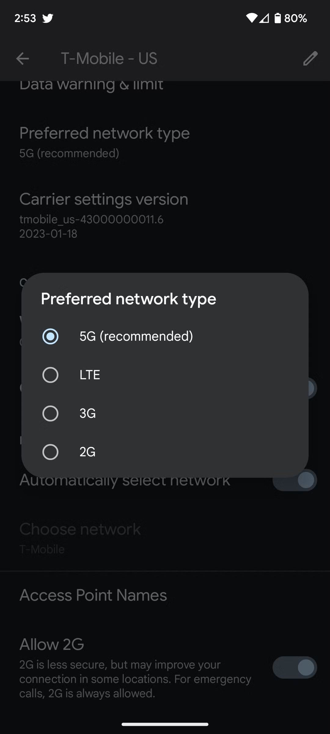 Preferred network settings selected on 5G (recommended) on a Pixel