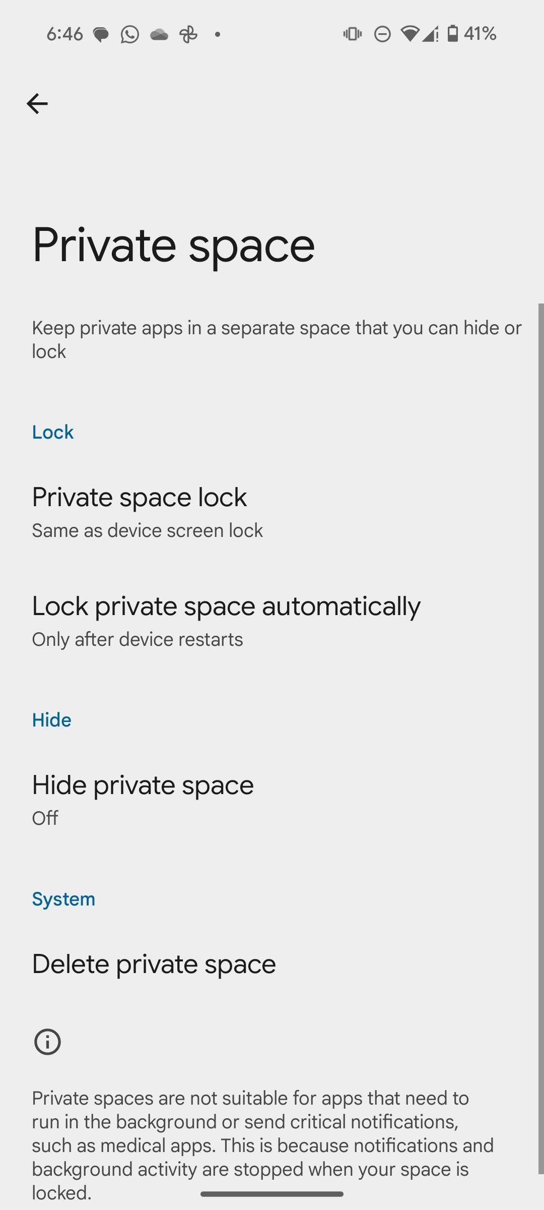 Enable private space from settings