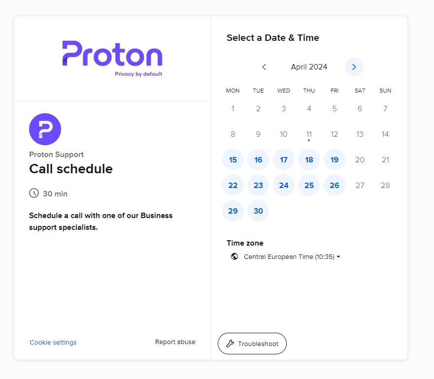 Screenshot of the Proton Mail Call schedule page