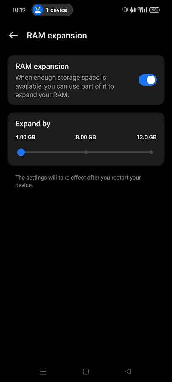 Adjusting RAM expansion settings on OnePlus 12