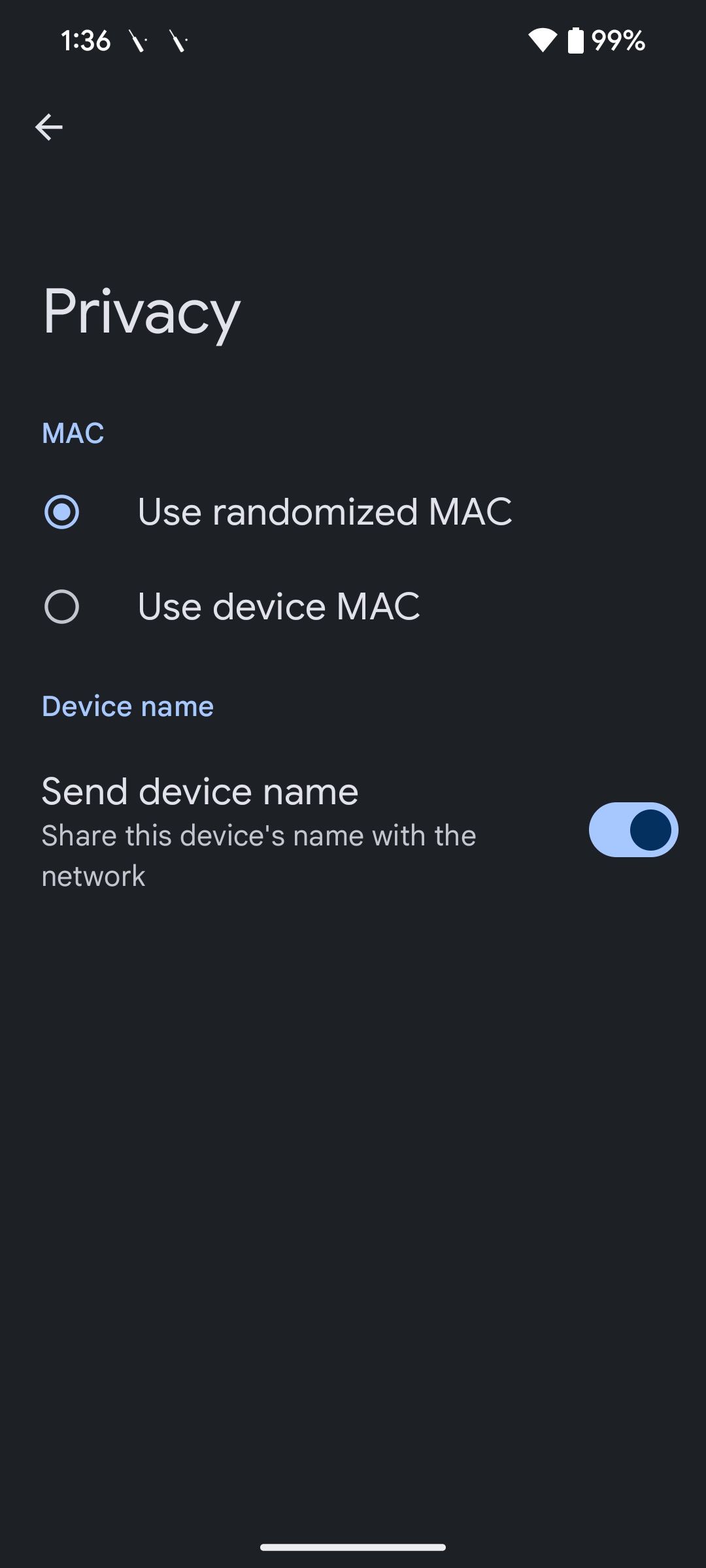 Random MAC address option in privacy settings