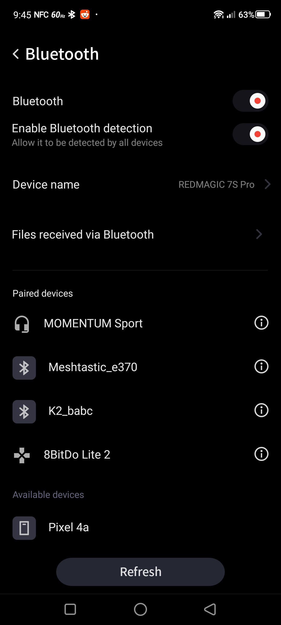 Menu Bluetooth của Redmagic