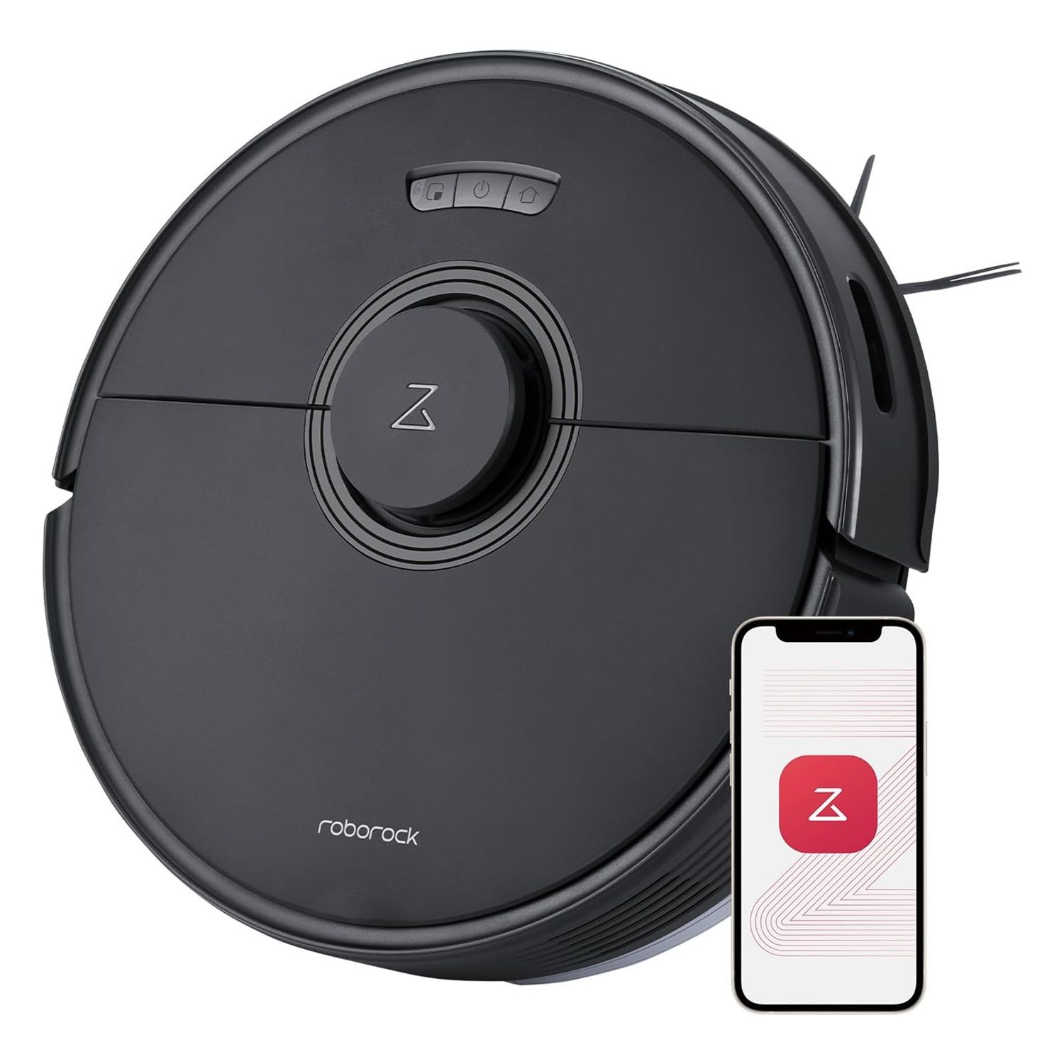 The Roborock Q7 Max and the Roborock app on a smartphone against a white background.