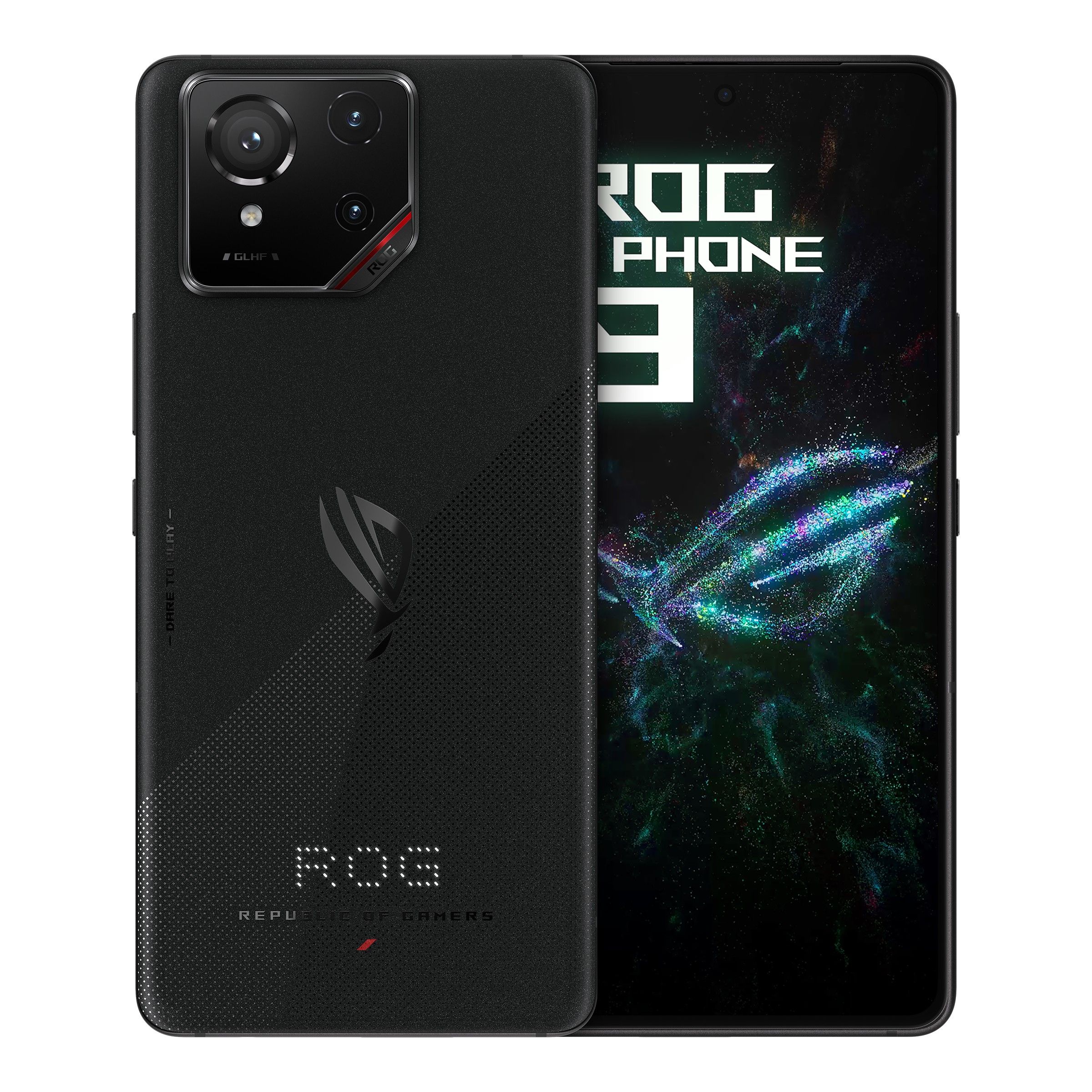 ROG Phone 9 on white background showing front and back