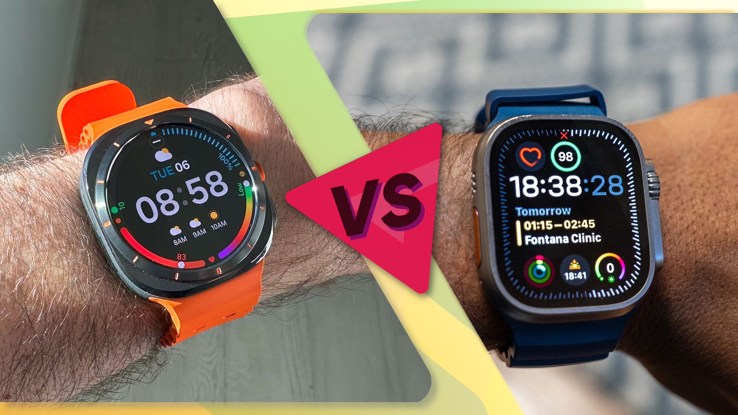 Samsung Galaxy Watch Ultra versus Apple Watch Ultra 2 head to head.