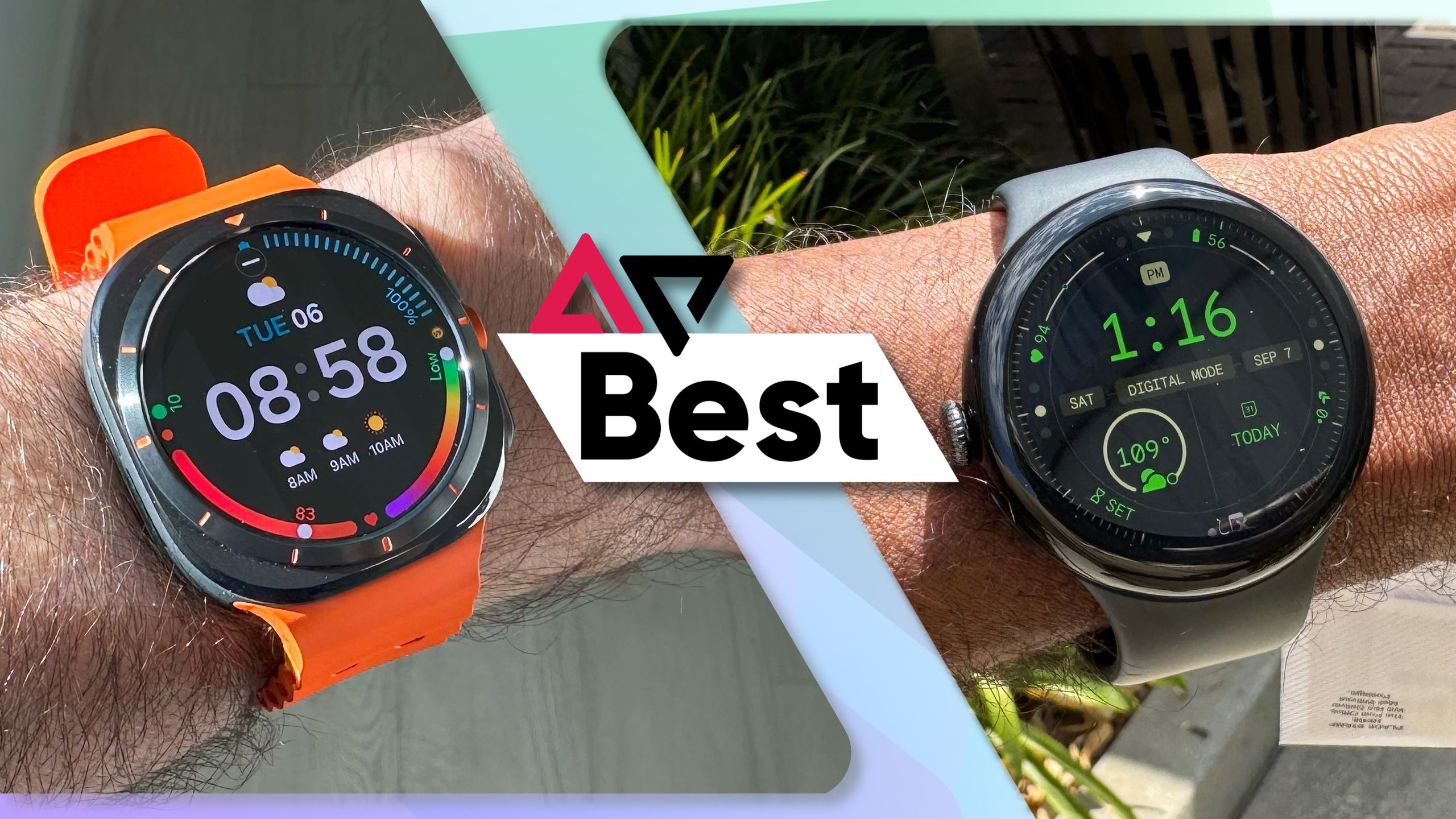 Samsung Galaxy Watch Ultra so với Google Pixel Watch 3 trên cổ tay.