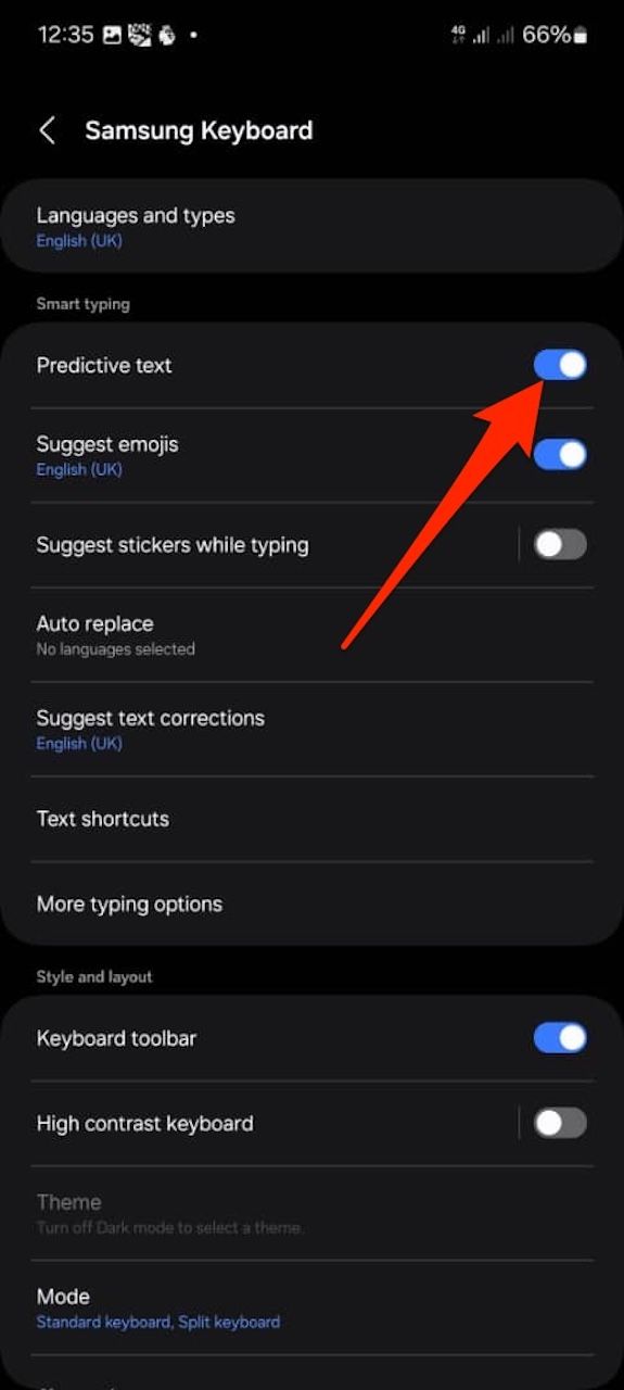 Disabling predictive text in Samsung Keyboard settings menu