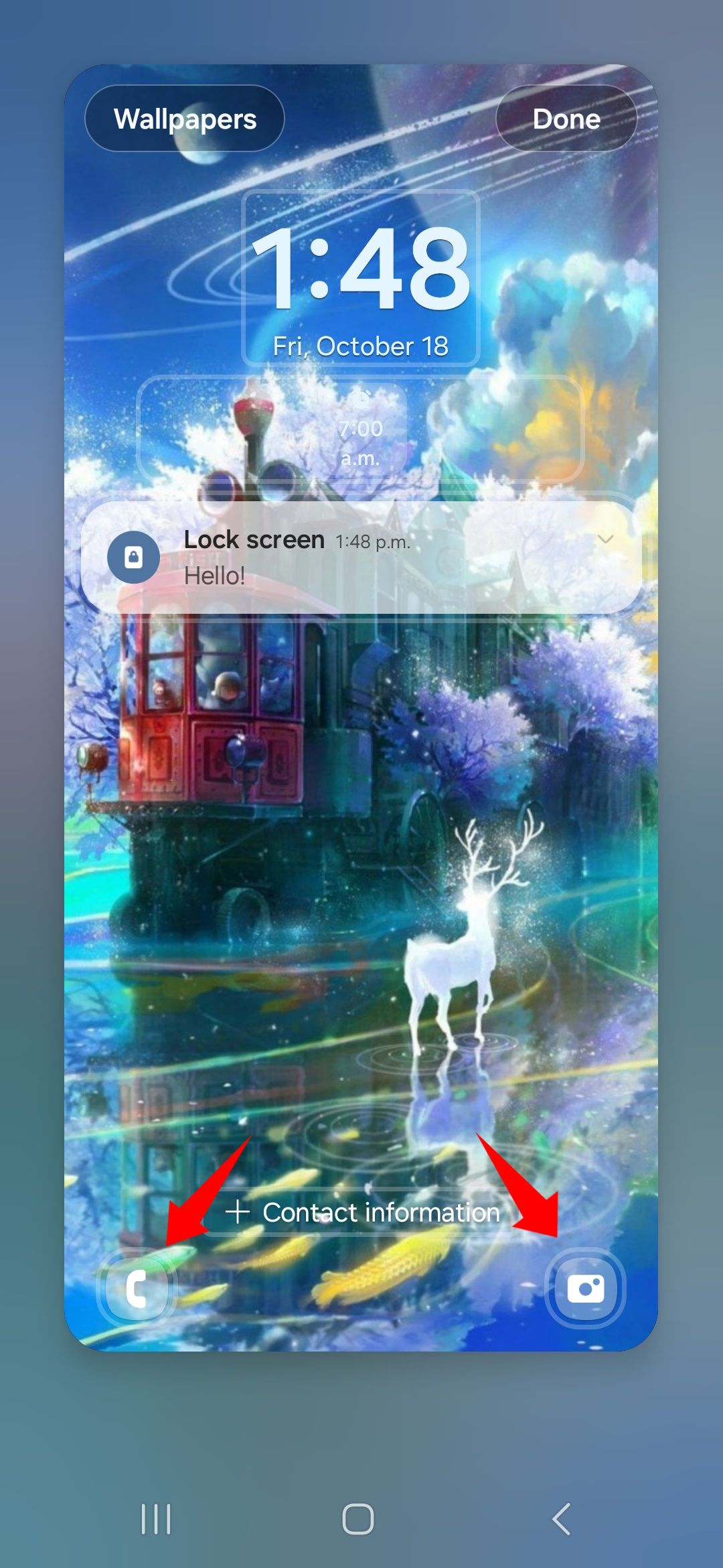 Two red arrow pointing to app shortcuts on the edit lock screen on a samsung phone