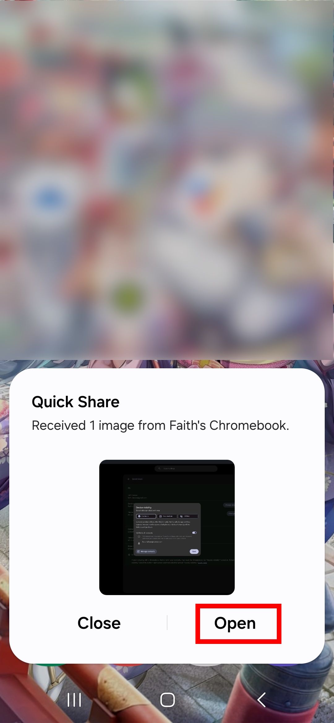 Red rectangle outline highlighting the open option for a received file from chromebook quick share