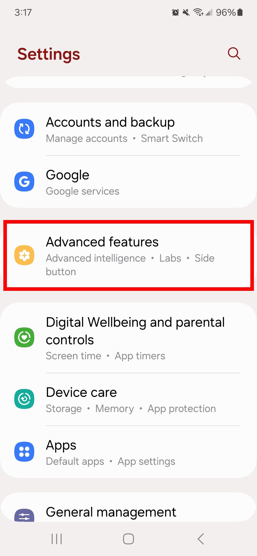 Red rectangle outline highlighting advanced features in samsung settings