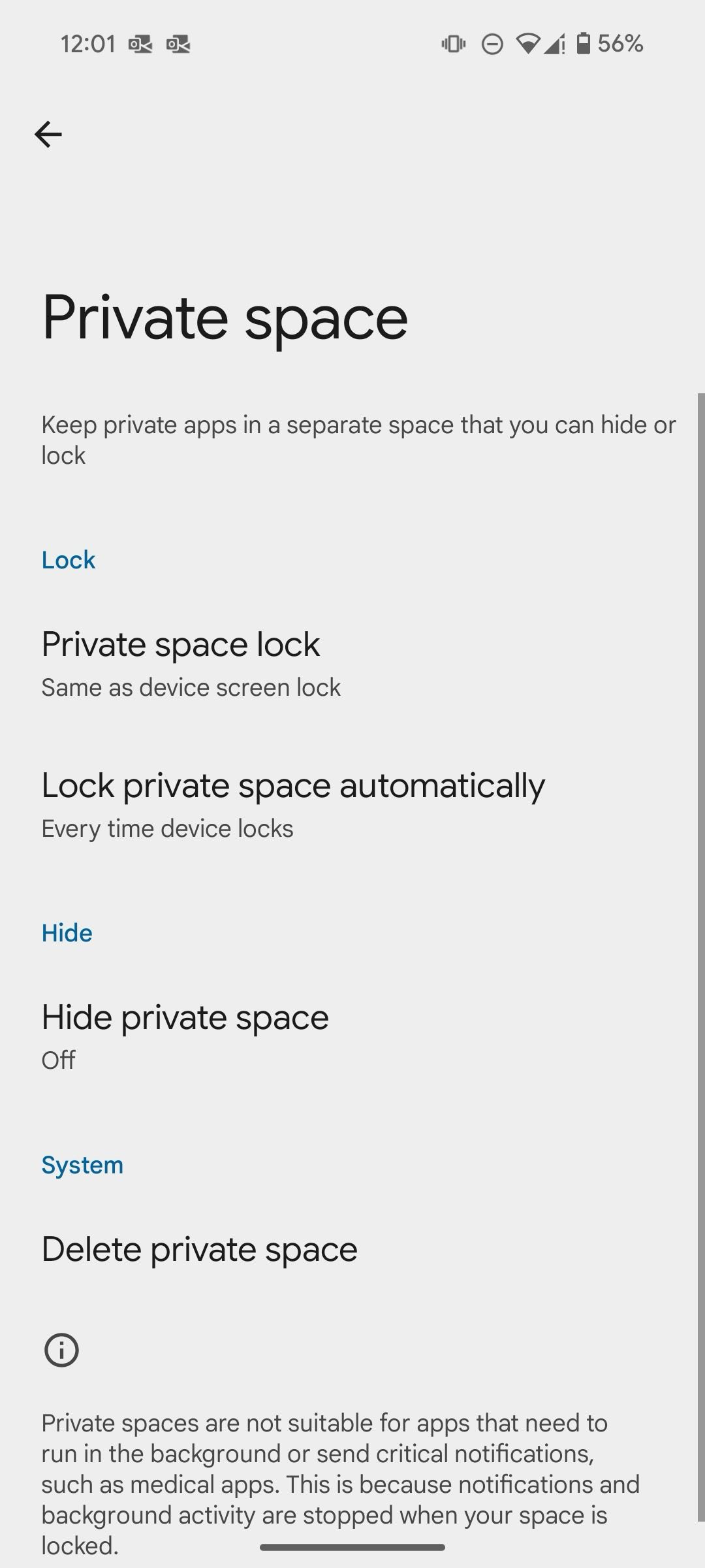 Private space lock options