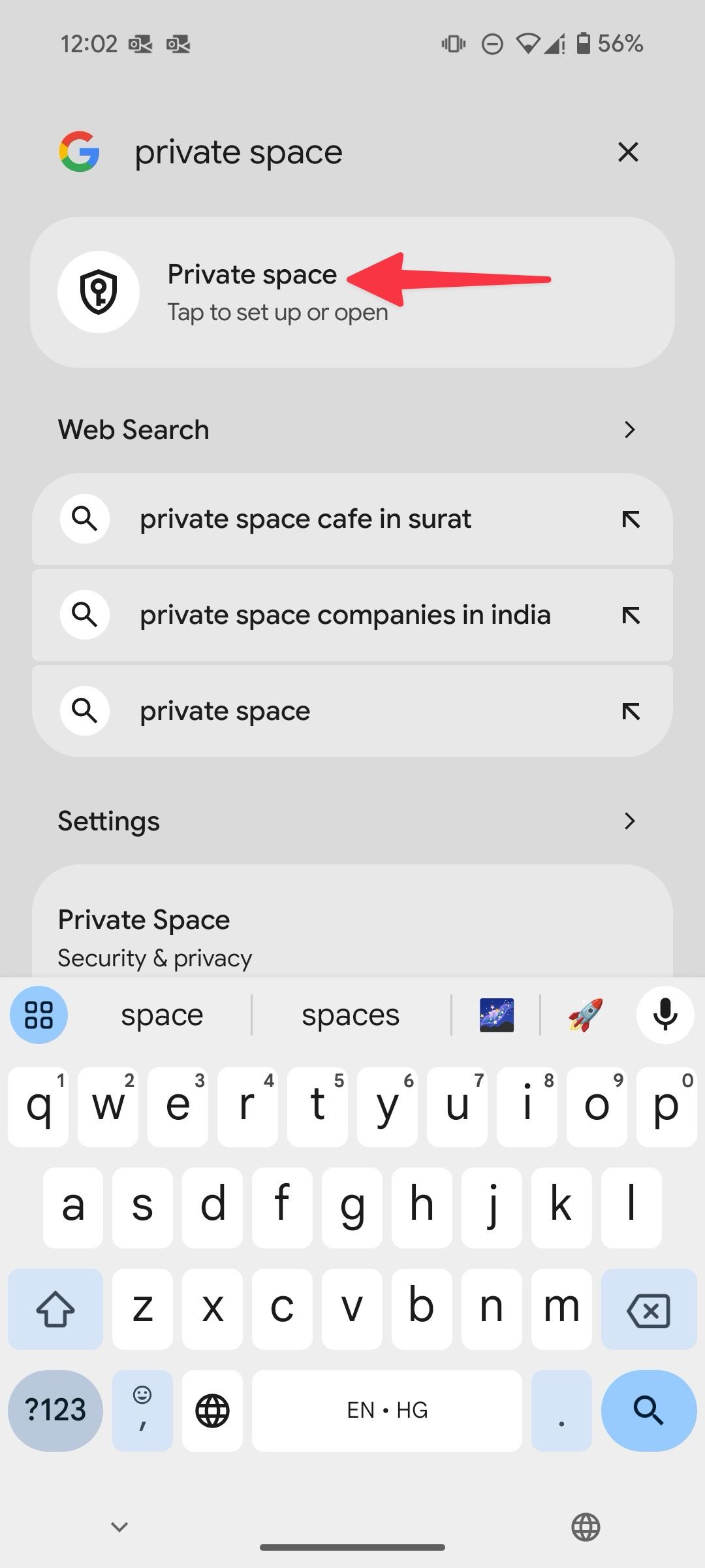 Open private space from Google search bar