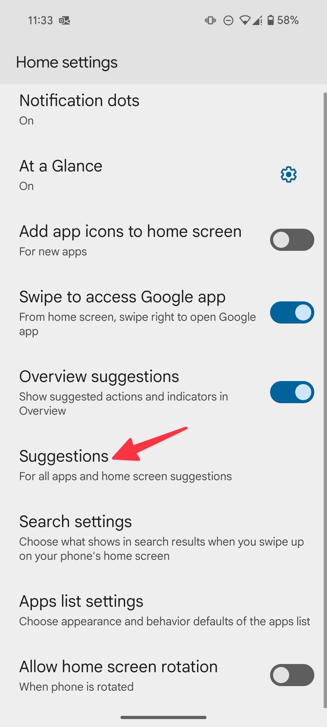 Home screen suggestion menu