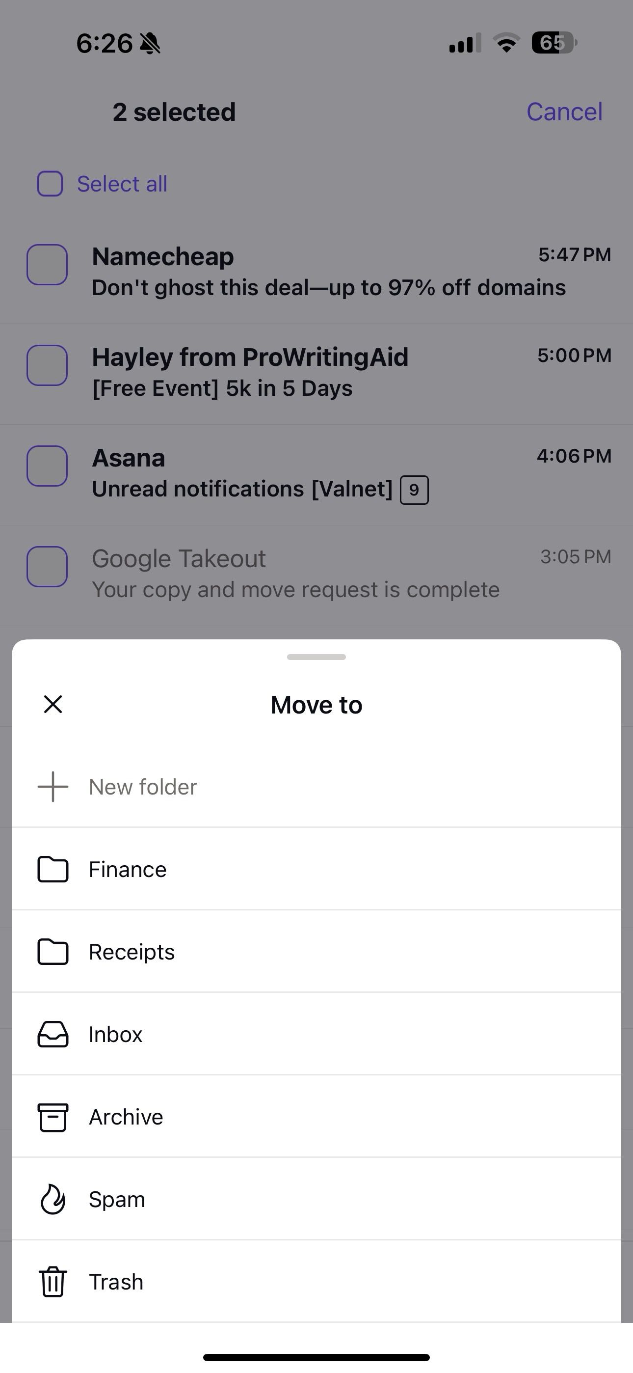 Move messages to folder in Proton Mail