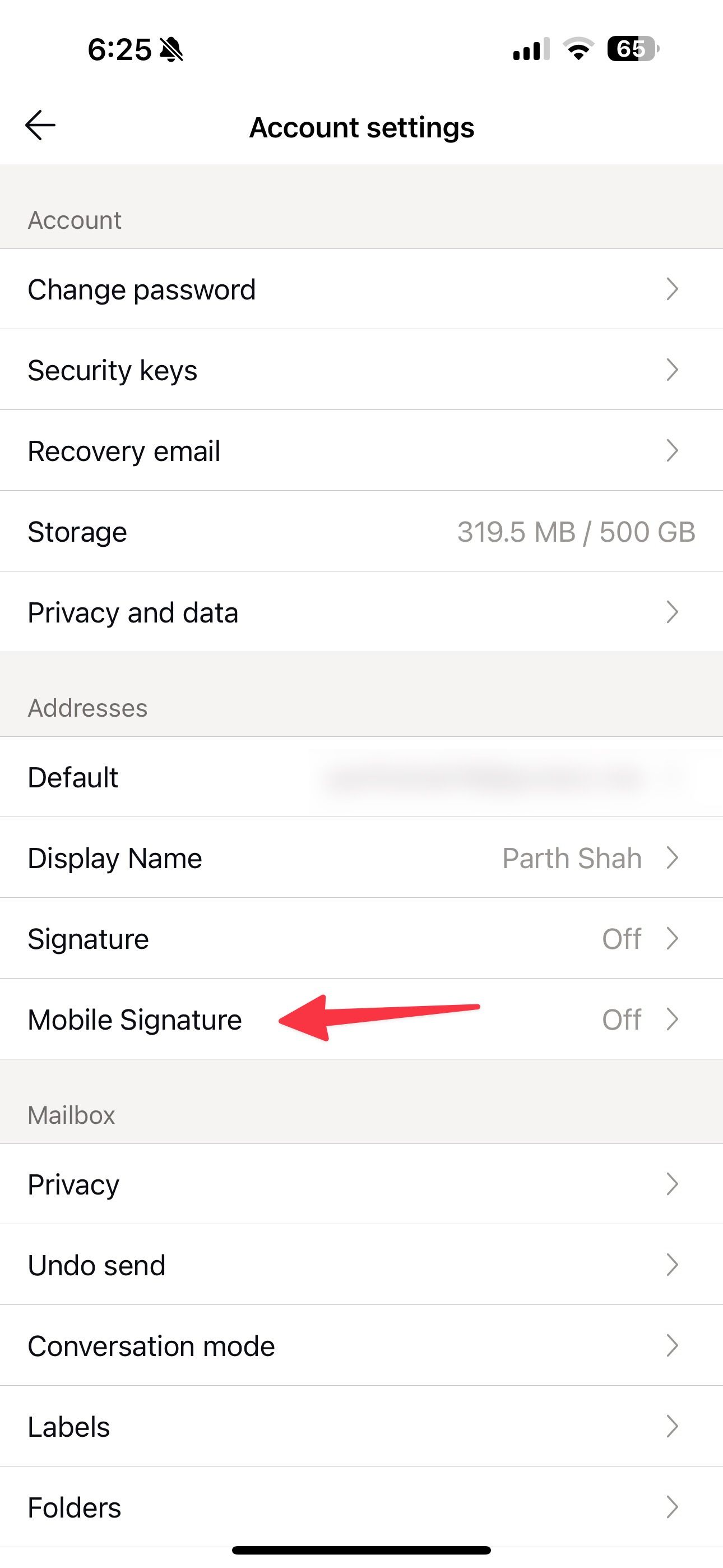 Select Mobile Signature in the Account settings screen