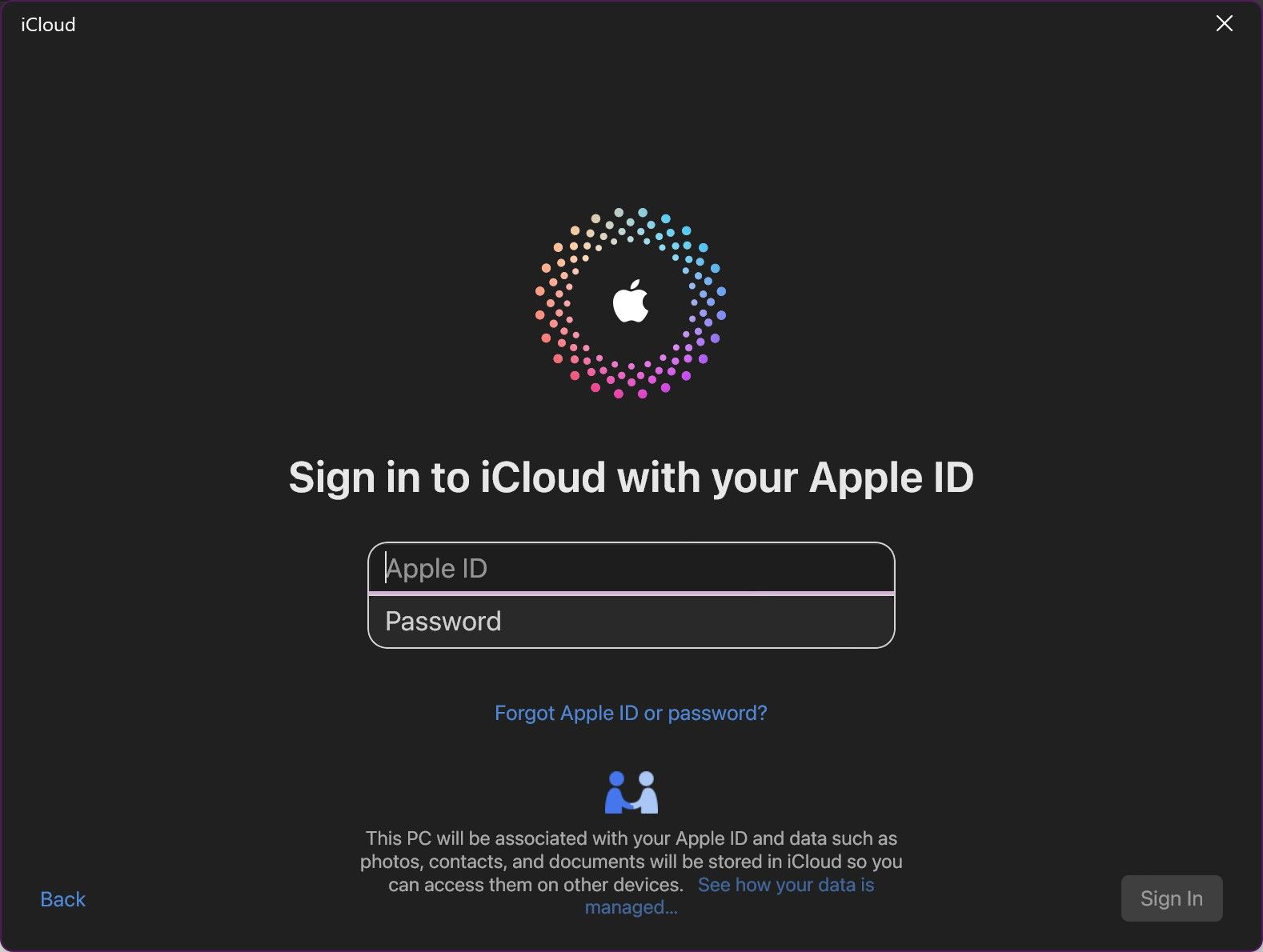 The sign in screen for the iCloud Windows app