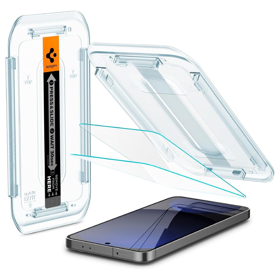 A render of the Spigen Glas.TR EZ Fit Galaxdy S24 FE screen protector and its installation bracket