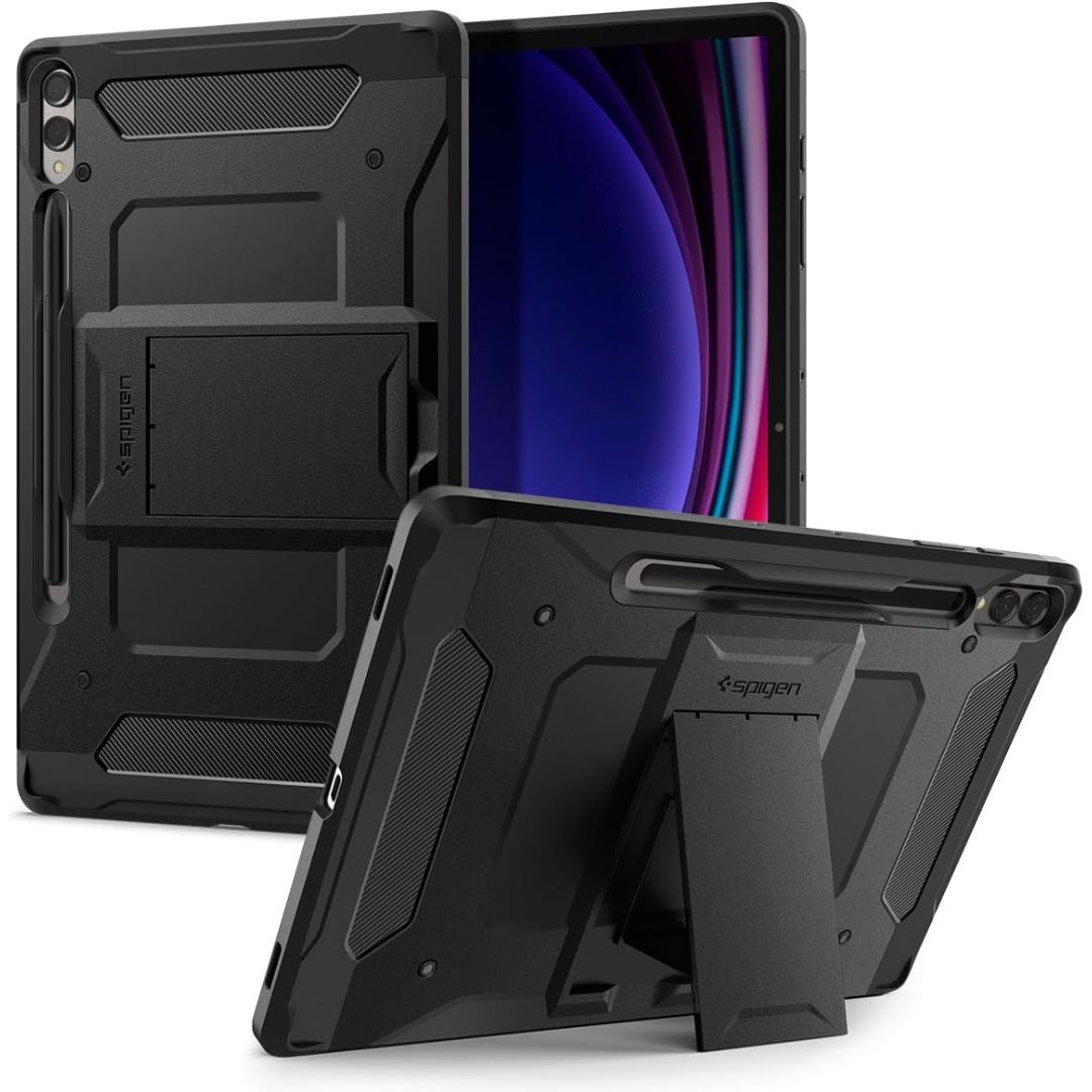 spigen tough armor pro case for galaxy tab s10, front, back and kickstand views