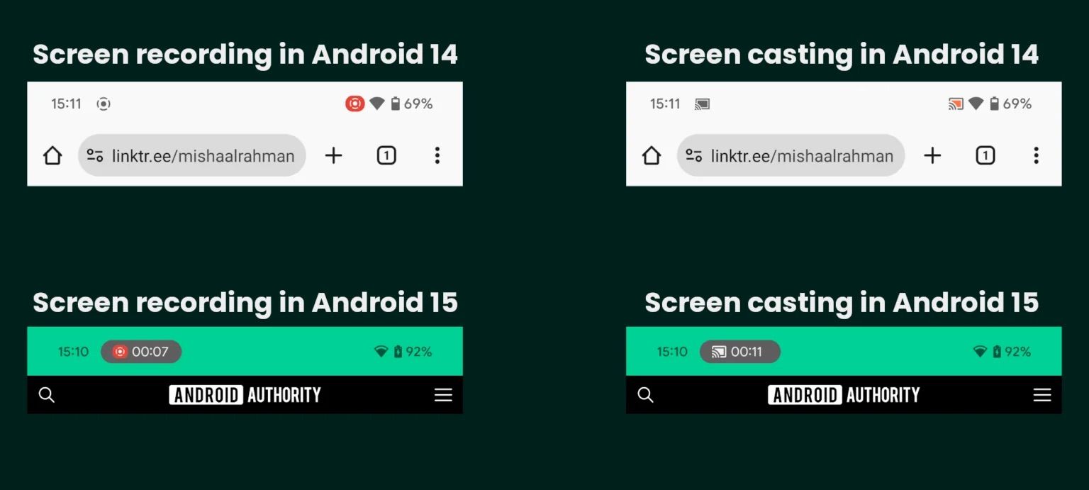 Comparison of status bar icons for screen recording and screencasting on Android 14 and Android 15