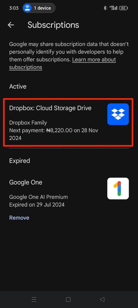 Chọn Dropbox từ danh sách đăng ký đang hoạt động trên ứng dụng cửa hàng Google Play