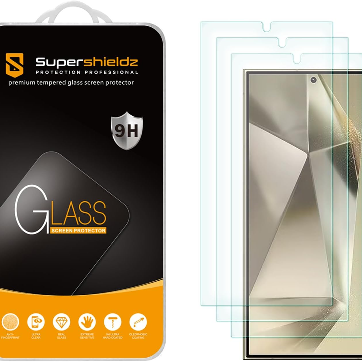 Supershieldz Tempered Glass for Galaxy S24 Ultra on with packaging and screen protectors