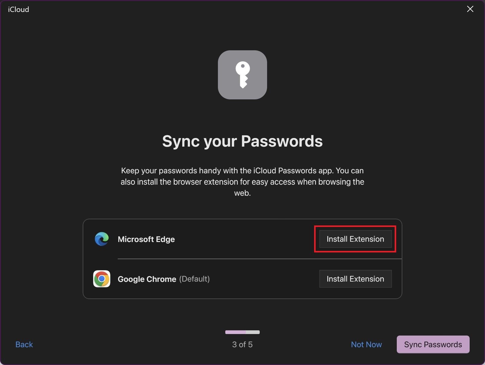 The Sync your Passwords screen when setting up the iCloud for Windows app with a red box around the Install Extension button next to the Microsoft Edge option