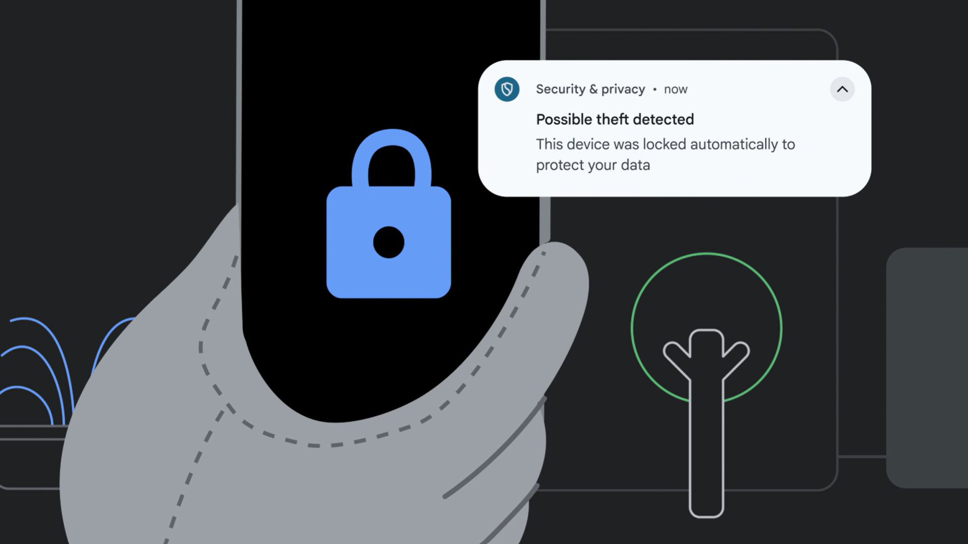 Illustration of a locked stolen mobile phone in hand with anti-theft features.