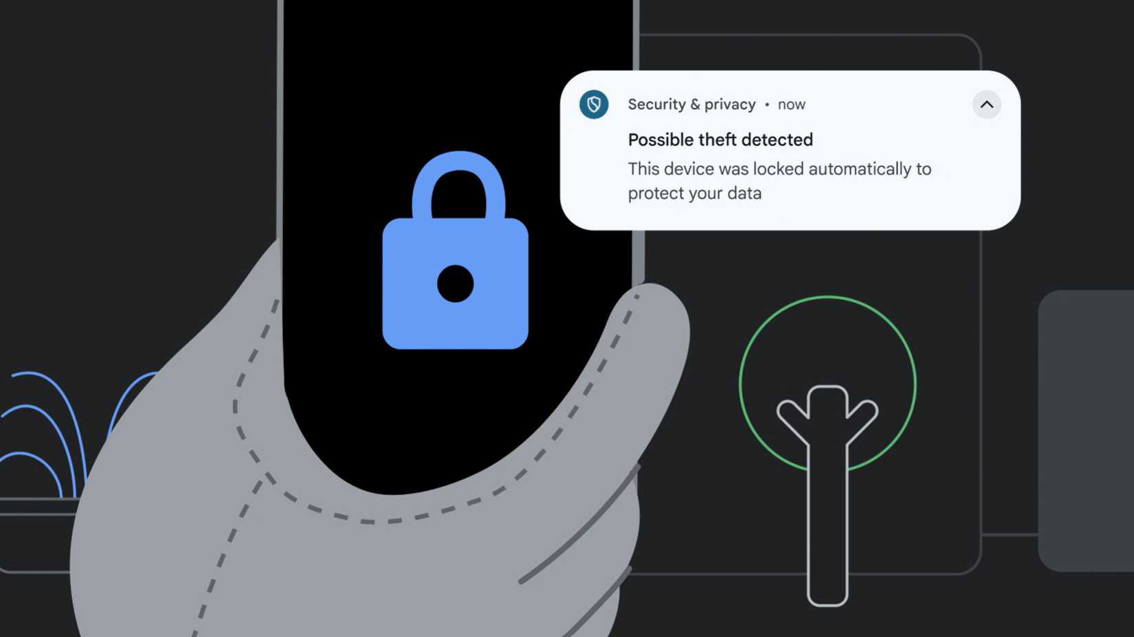 A graphic of a stolen locked phone in hand with theft protection.
