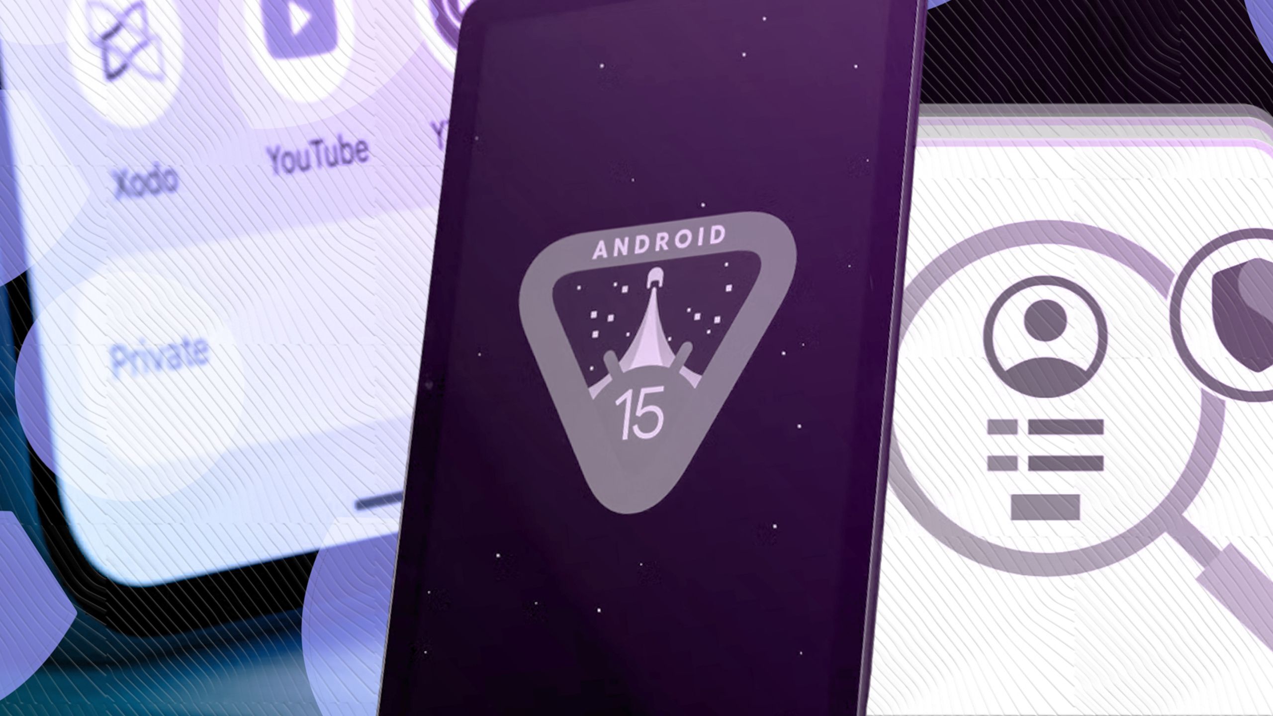 Photo illustration of a mobile phone and apps with Android 15 logo on a lilac background