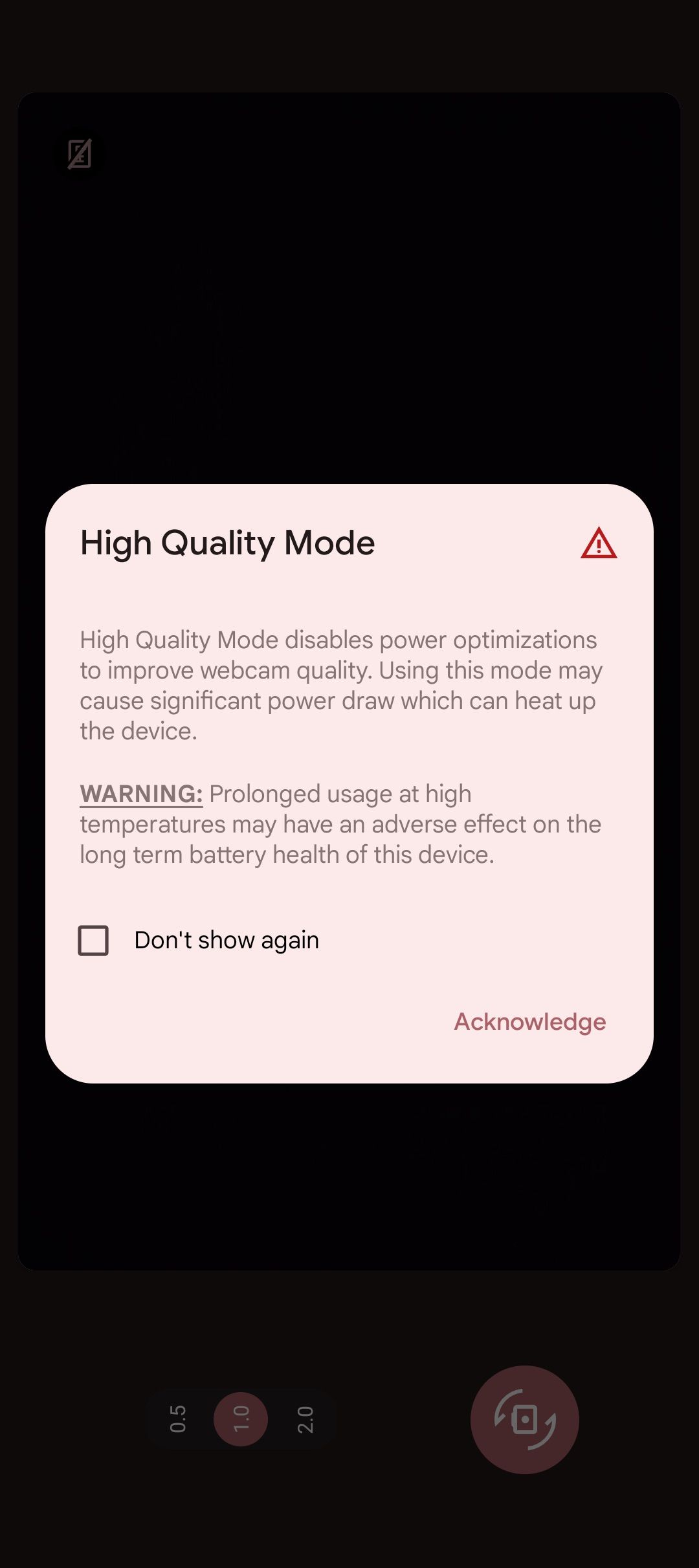 When you press the HQ button, a pop-up appears stating that your device may overheat