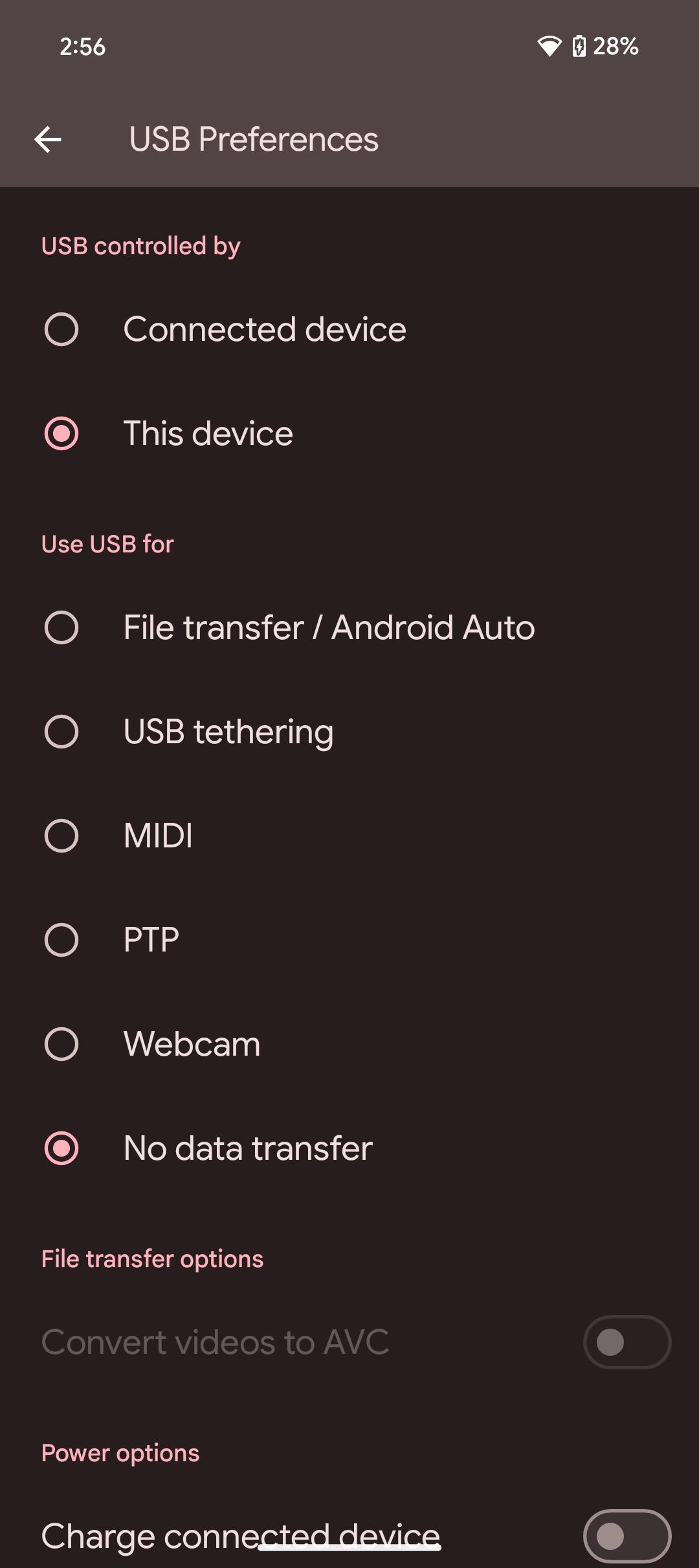 USB settings options (Use USB for webcam selected)