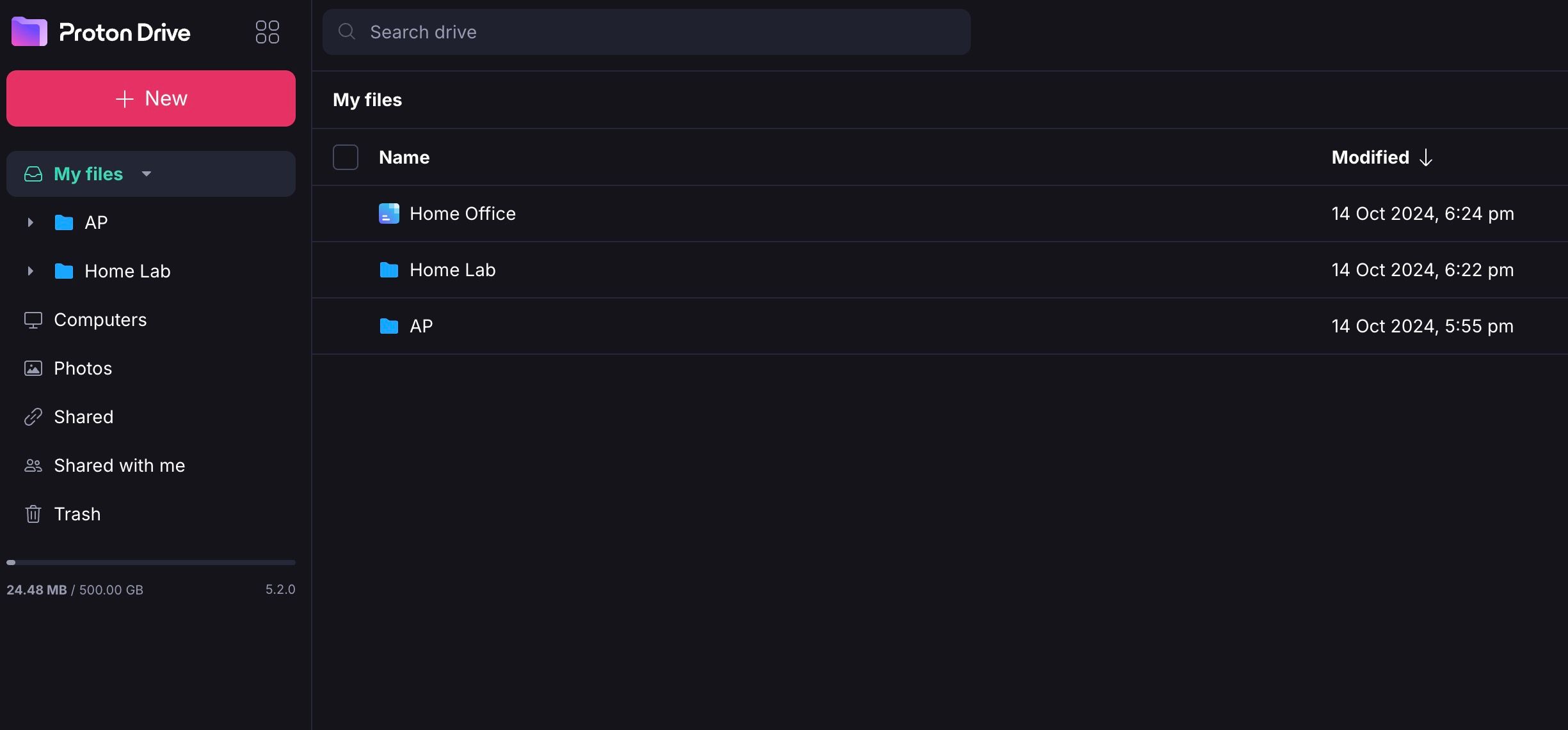 Home menu for Proton Drive