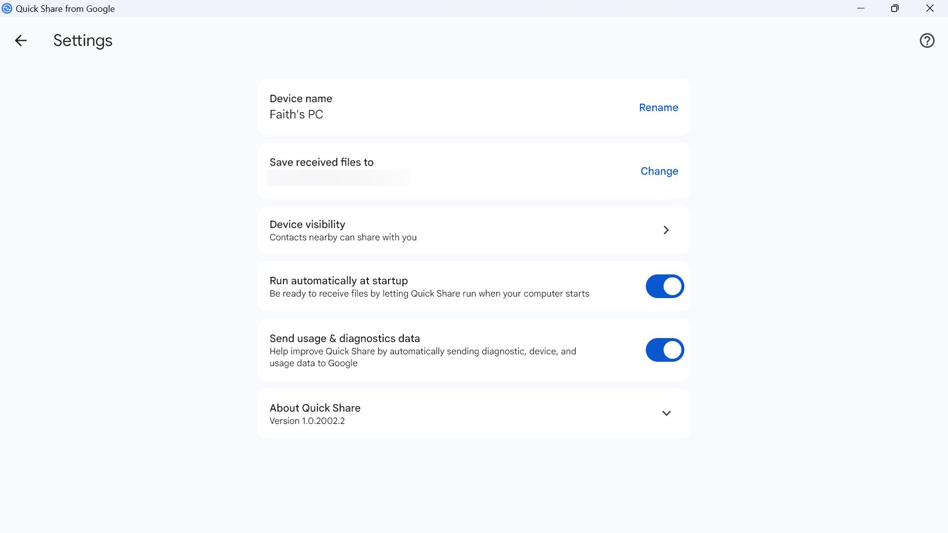 Windows Quick Share app settings page for device name, received files location, and device visibility