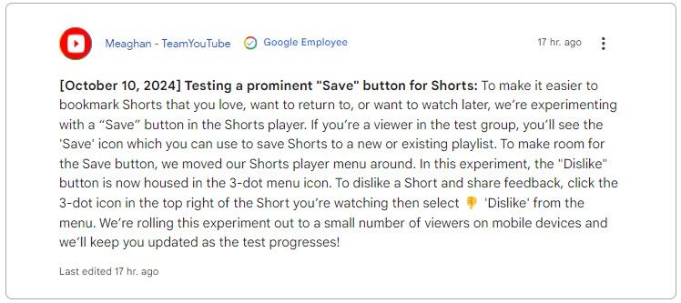 Bài đăng hỗ trợ của YouTube nhấn mạnh rằng người dùng có thể bắt đầu nhìn thấy nút Lưu thay thế nút Không thích trên Shorts.
