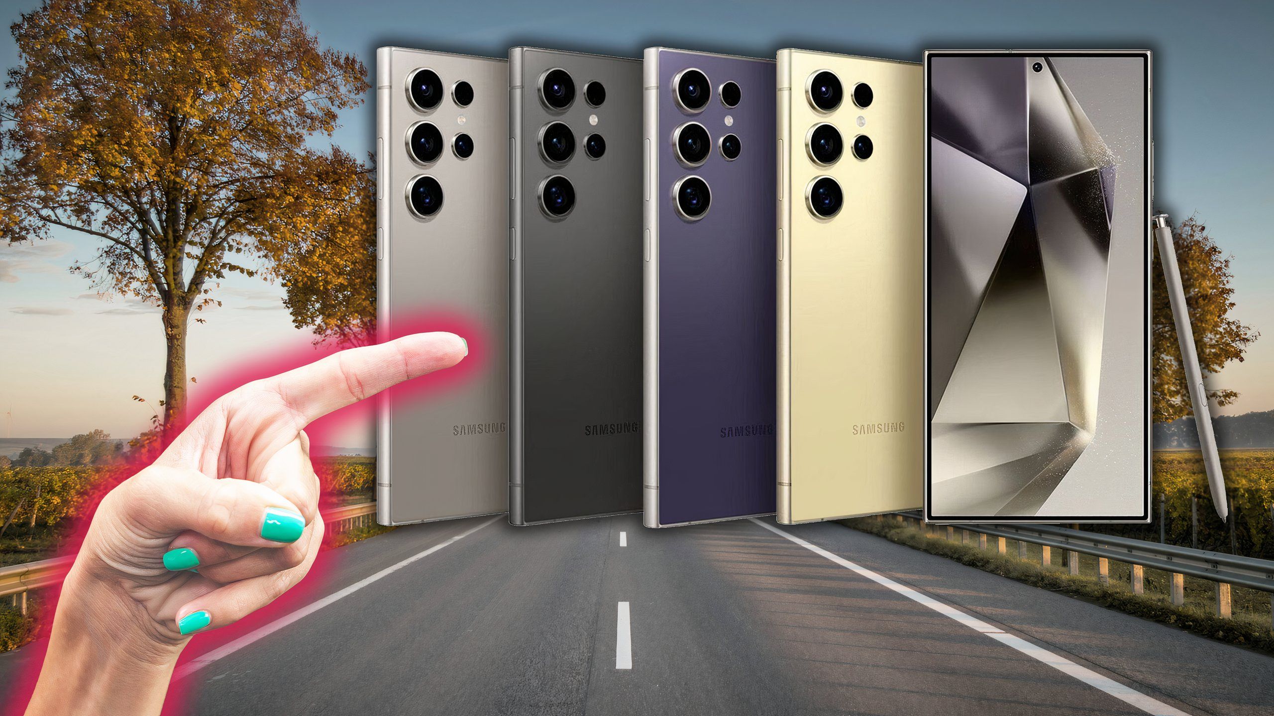 A hand pointing at 5 smartphones with an image of a road in the background