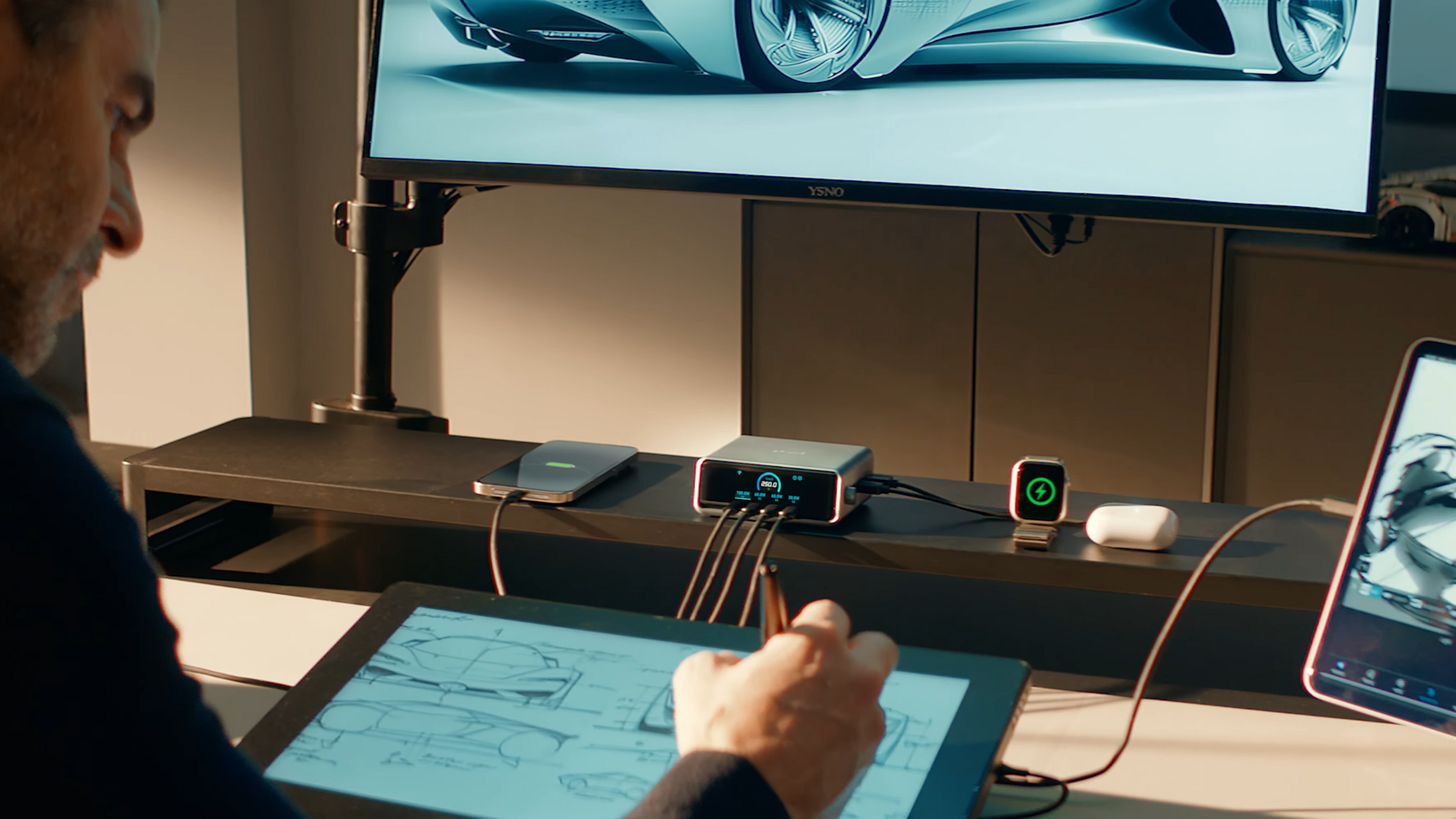 Anker 250W Prime Charger on desk with devices plugged in