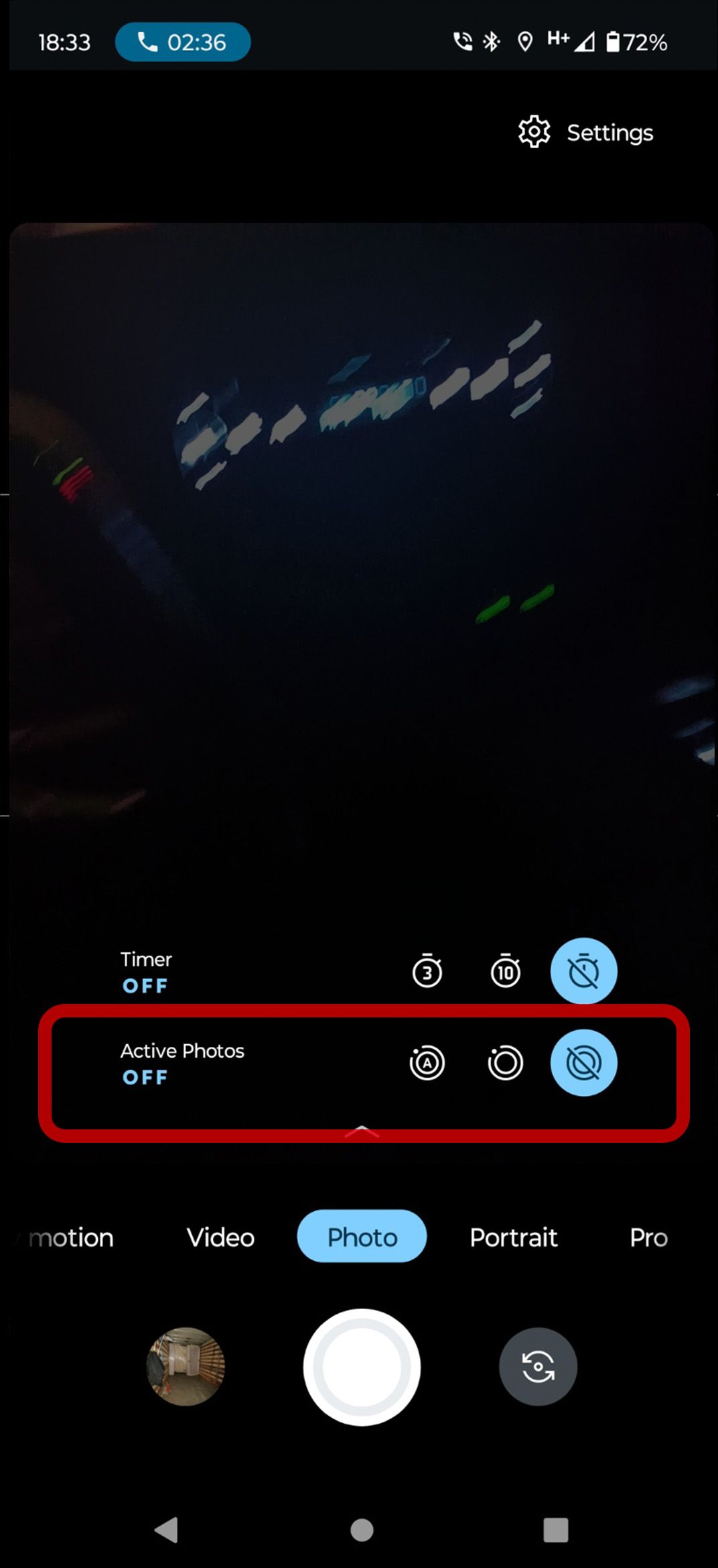 screenshot of motorola camera app with action photos option highlighted and set to off