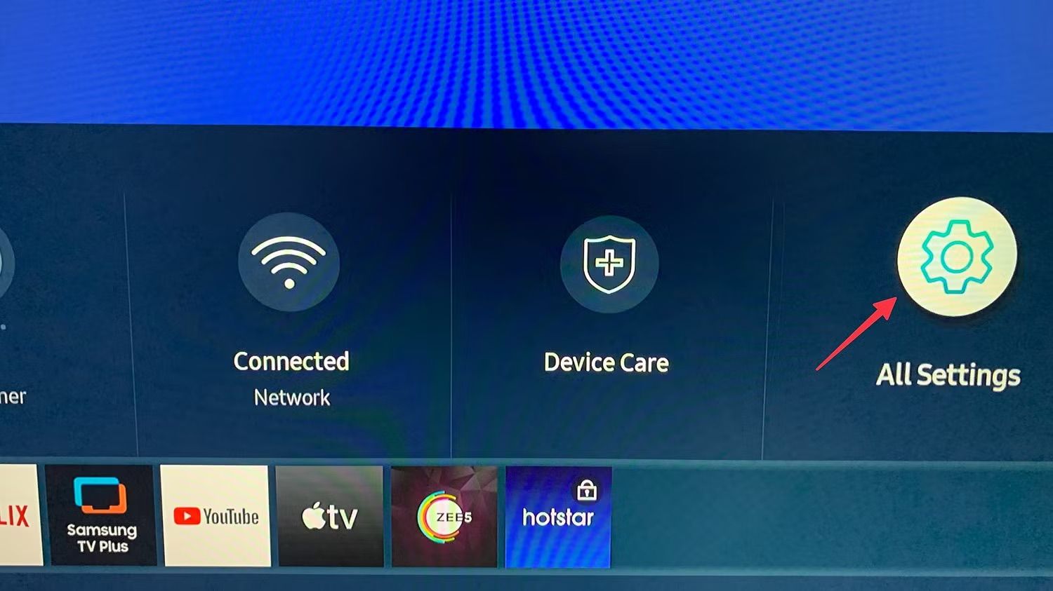 Selecting the All Settings option on Samsung TV