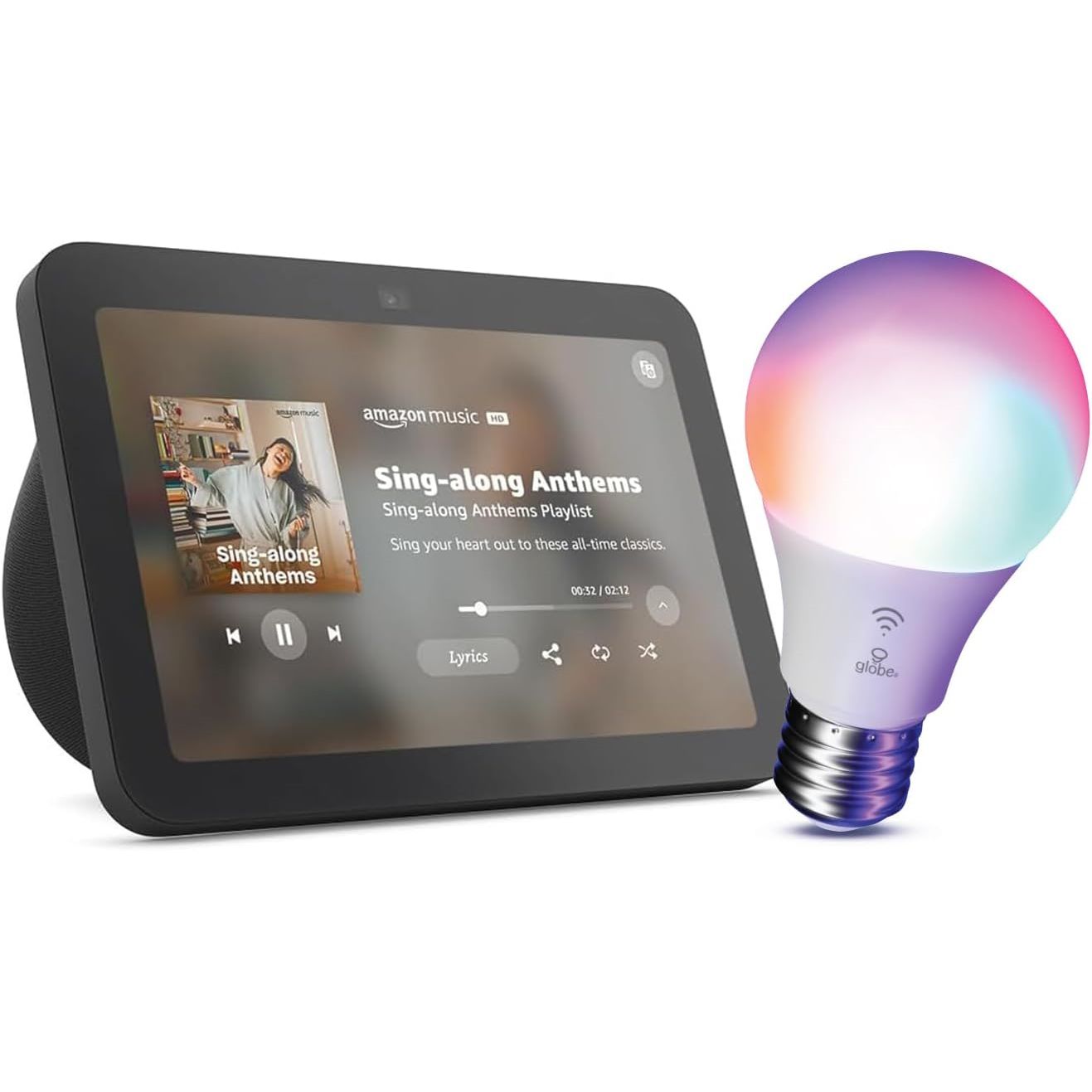 Amazon Echo Show 8 with Globe Electric Smart Bulb on white background