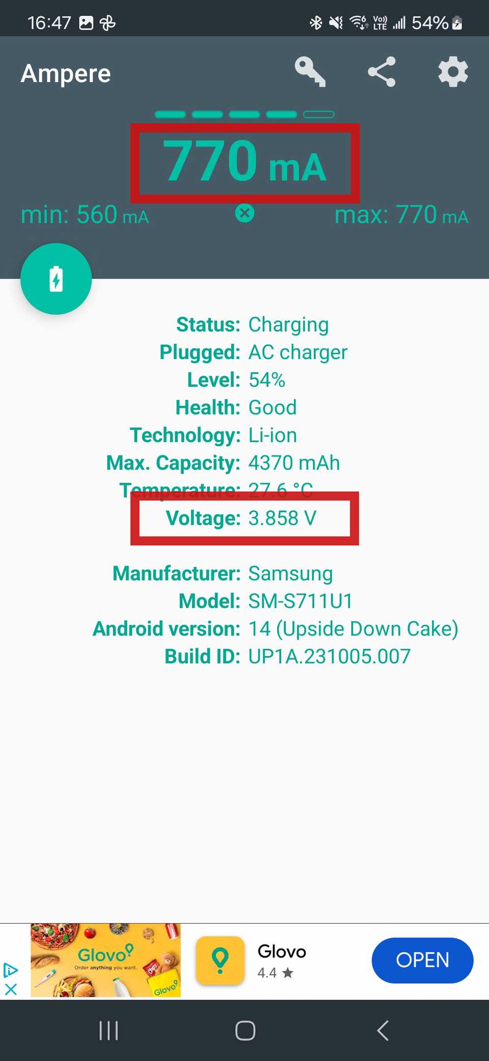 显示电池负载和电压的AndroidAmpère应用程序以及电流突出显示