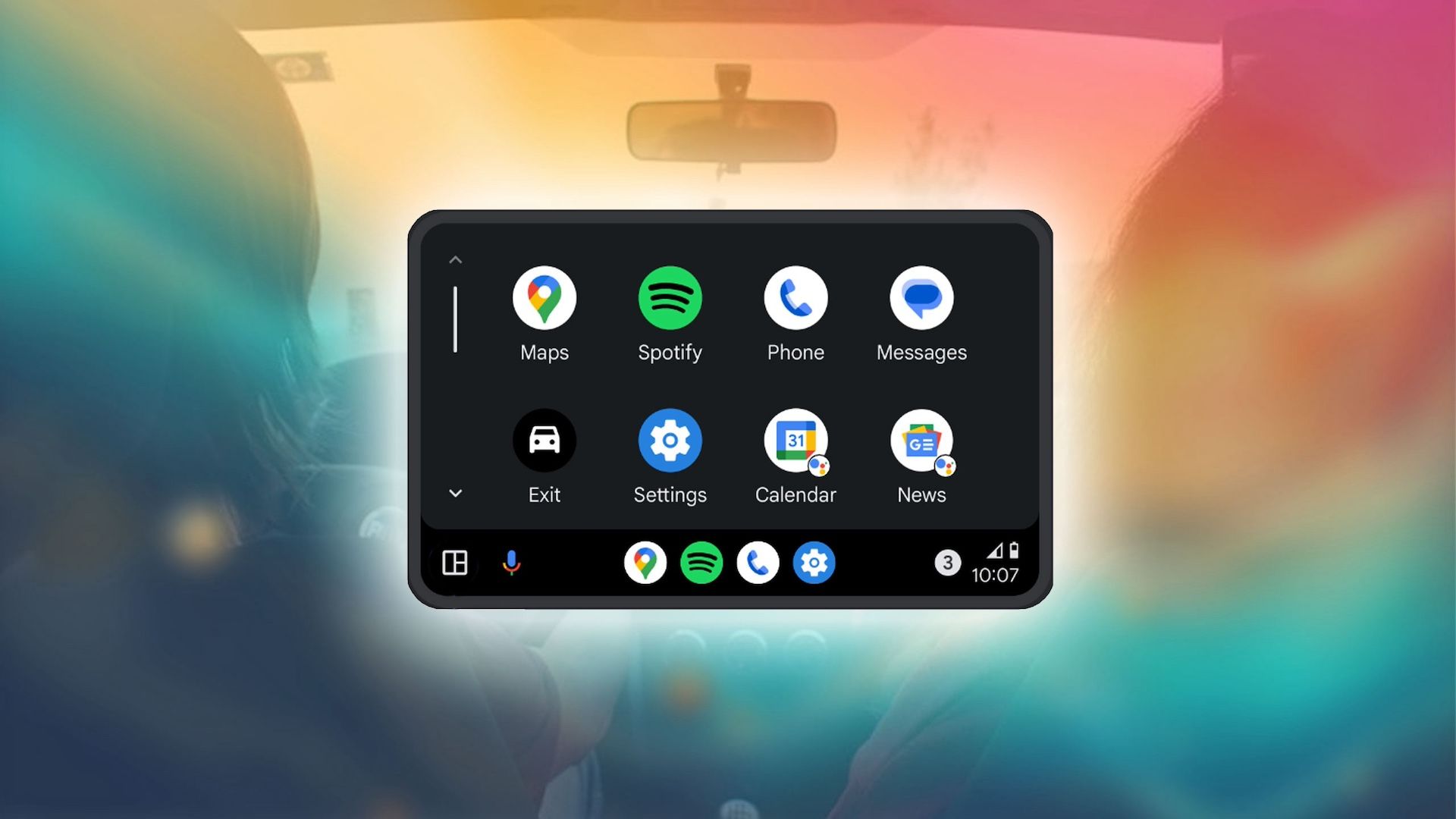 Android Auto Home Screen with apps overlayed on background with blurred car interior