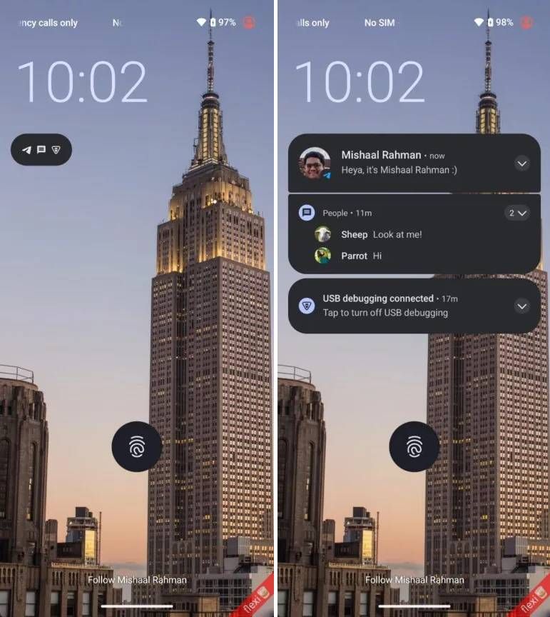 Screenshots highlighting Google's in-development 'lock screen notification minimalism' feature.