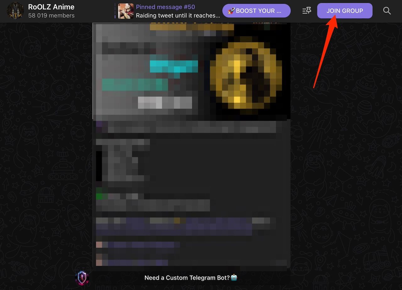 Selecting the Join Group button on Telegram web app interface