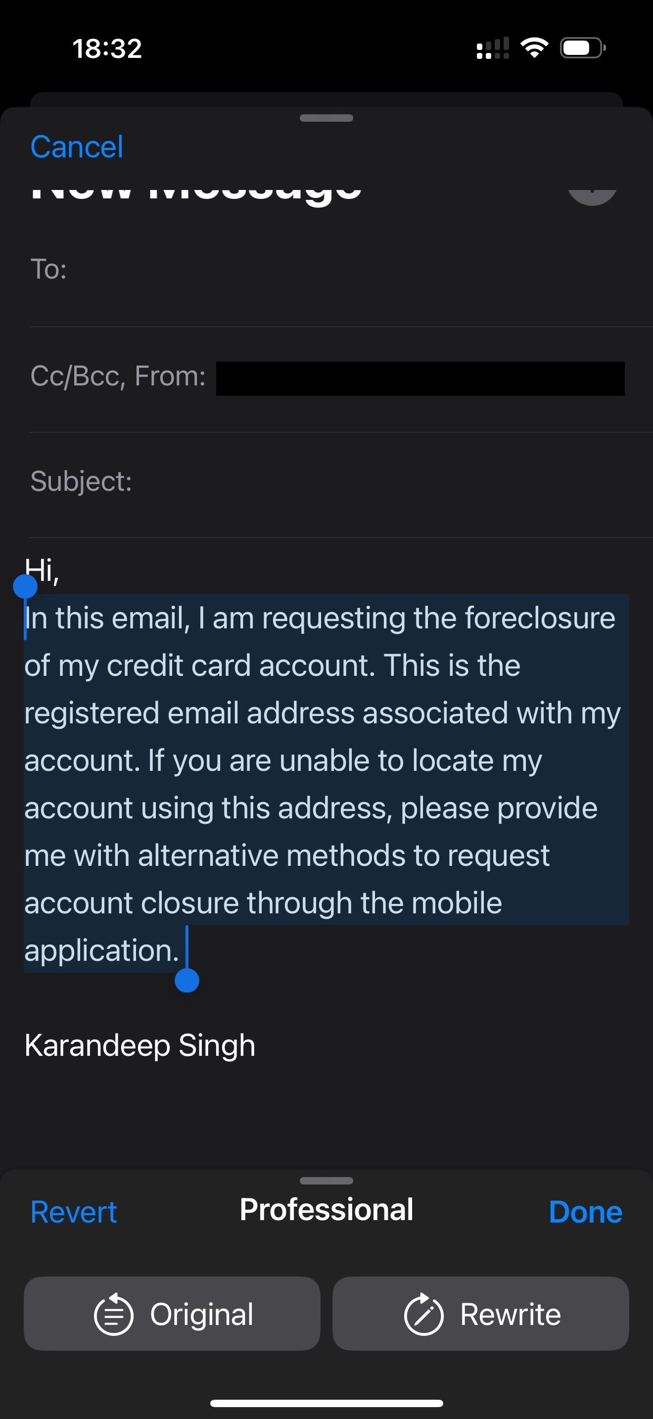 Apple Intelligence's writing tool suggesting a professional tone for an email