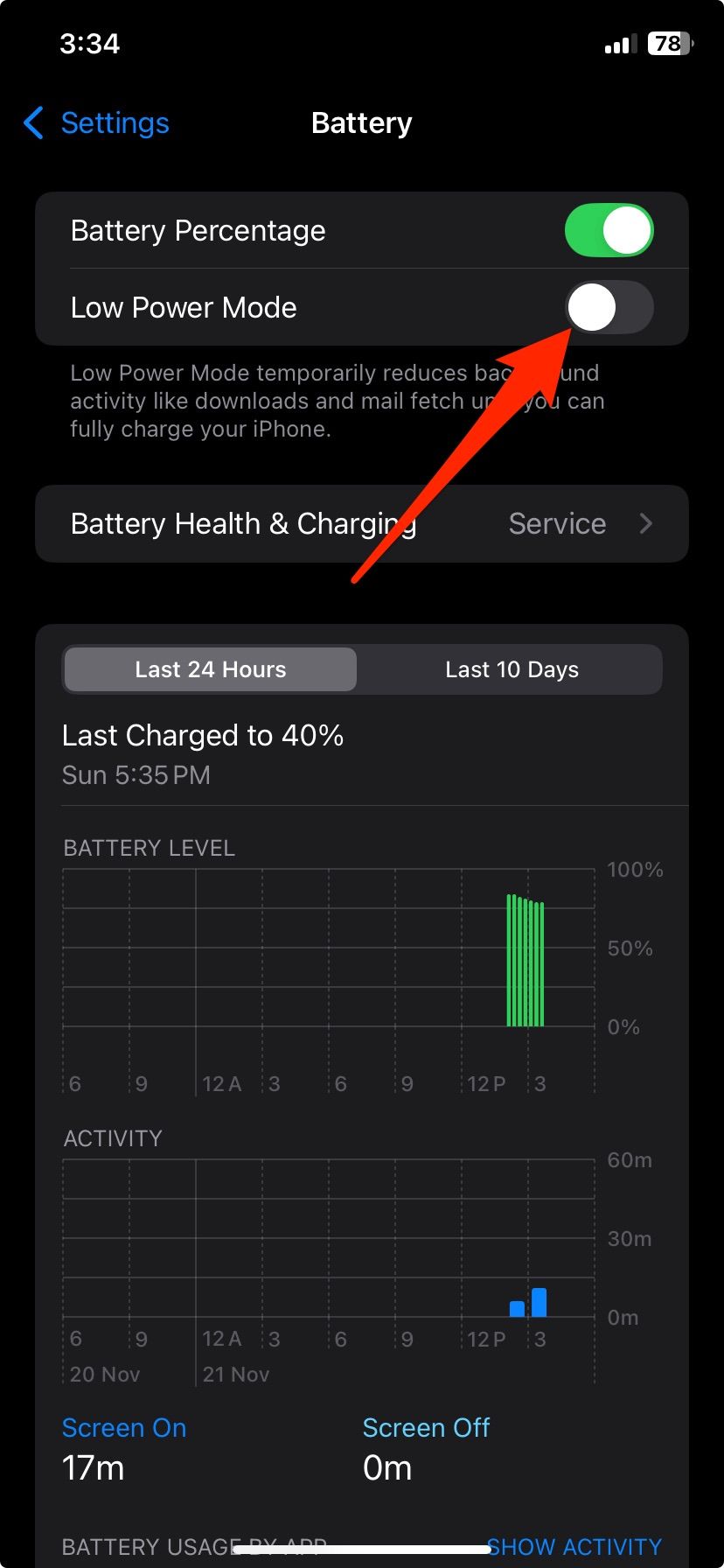 Turning off Low Power Mode in iPhone Battery menu