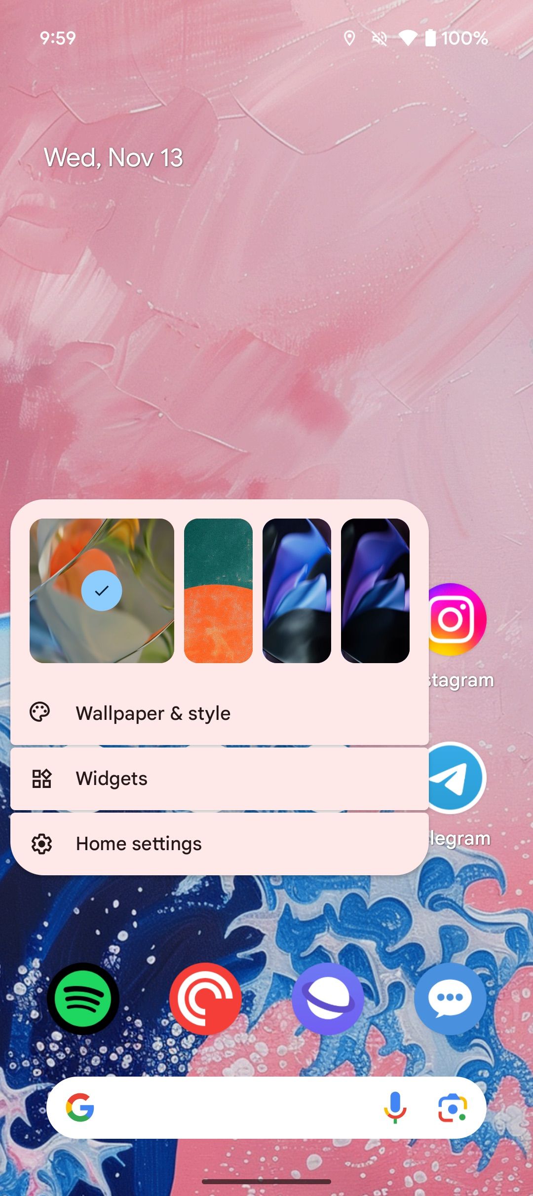 Menu trên Pixel 9 Pro Fold, hiển thị các tùy chọn hình nền, widget và cài đặt màn hình chính