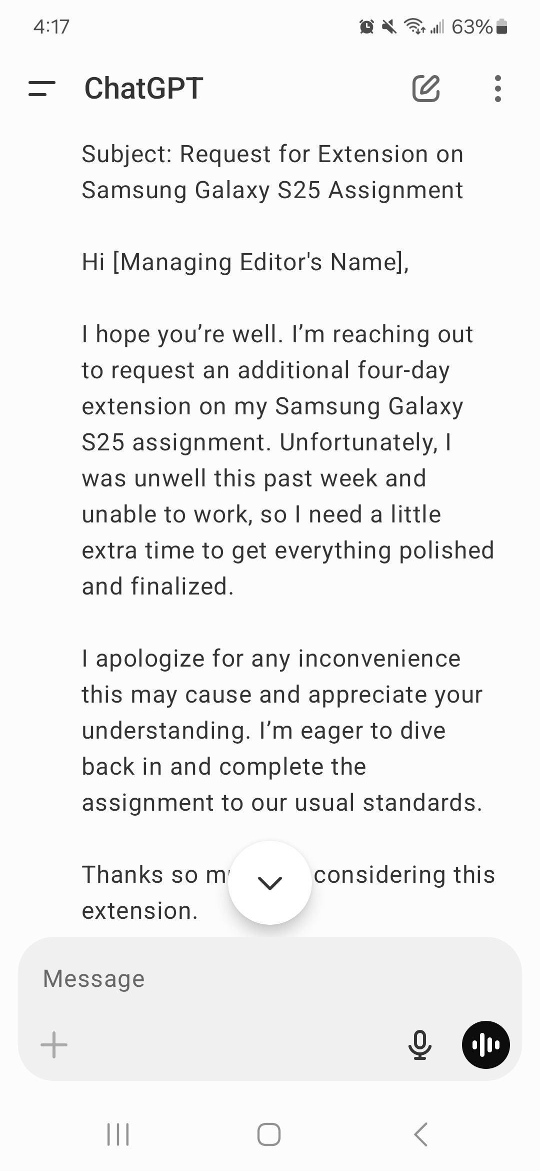 ChatGPT response for the draft email prompt showing an email messaged addressed to the managing editor on the ChatGPT app