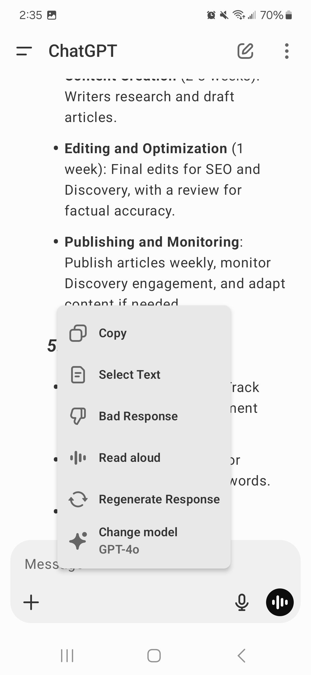 Sub menu display in the ChatGPT mobile apps showing copy, select text, bad response, read aloud, regenerate response and change model