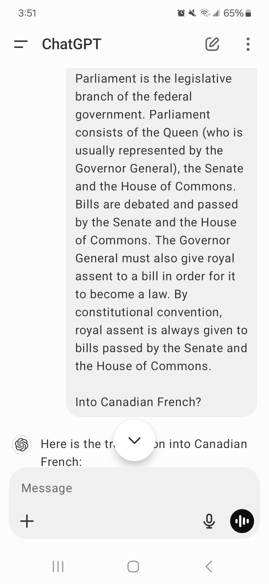 Example of sending ChatGPT a translation request from English into Canadian French on the ChatGPT app
